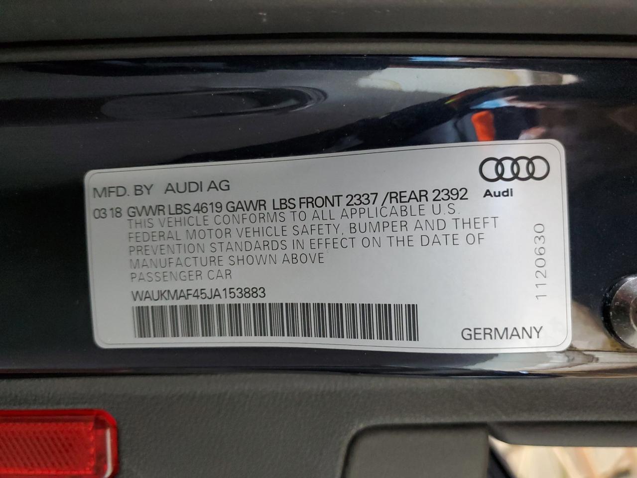 2018 Audi A4 VIN WAUKMAF45JA153883 Copart auction photo, front end / minor dent/scratches damage thumbnail 12