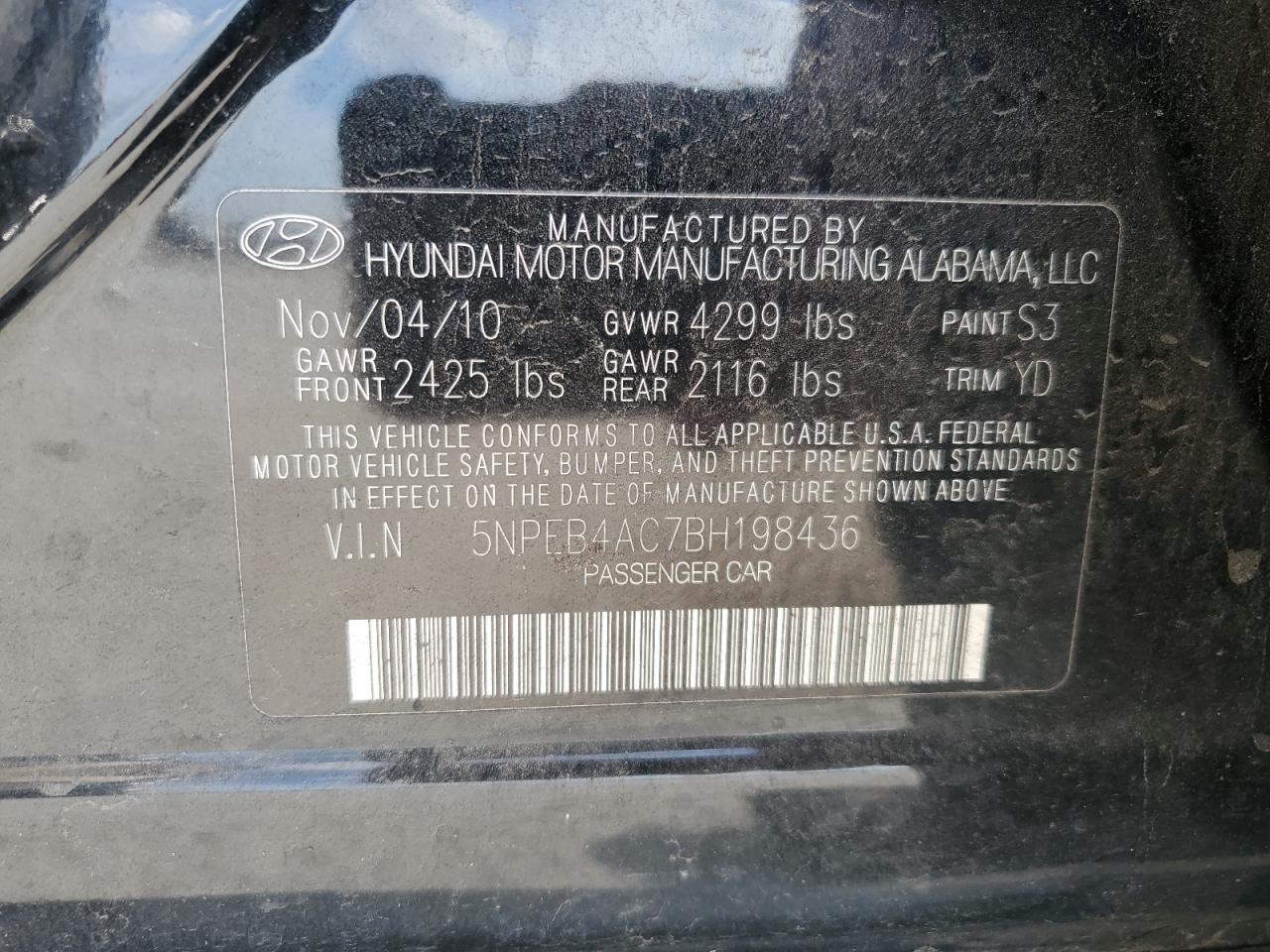 2011 Hyundai Sonata VIN 5NPEB4AC7BH198436 Copart auction photo, front end / rear end damage thumbnail 14