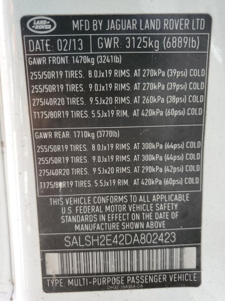 2013 Land Rover Range Rover VIN SALSH2E42DA802423 Copart auction photo, water/flood damage thumbnail 14