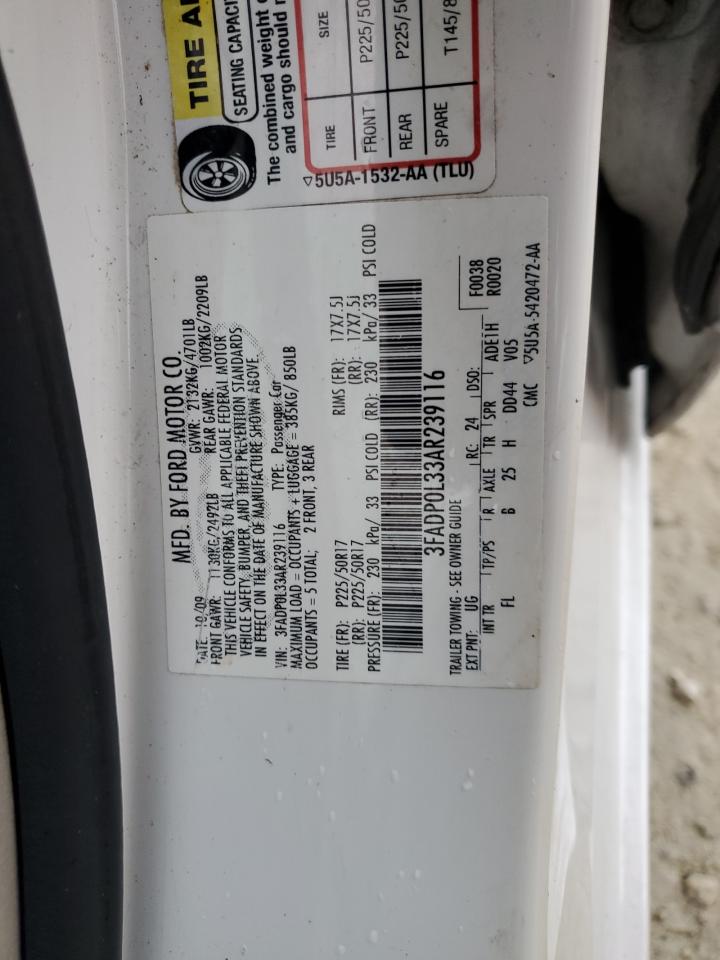2010 Ford Fusion VIN 3FADP0L33AR239116 Copart auction photo, water/flood damage thumbnail 13
