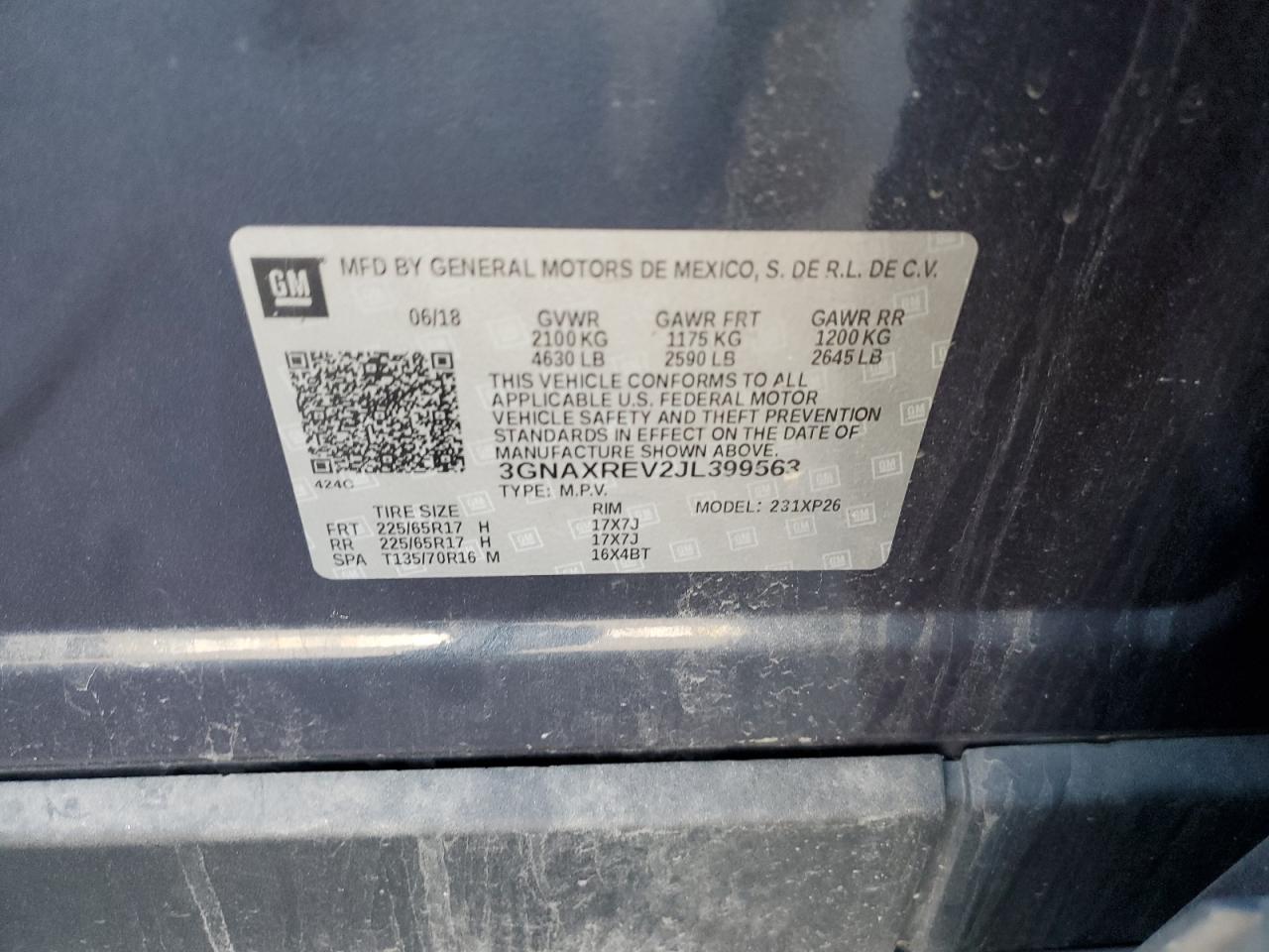 2018 Chevrolet Equinox VIN 3GNAXREV2JL399563 Copart auction photo, rear end / front end damage thumbnail 16
