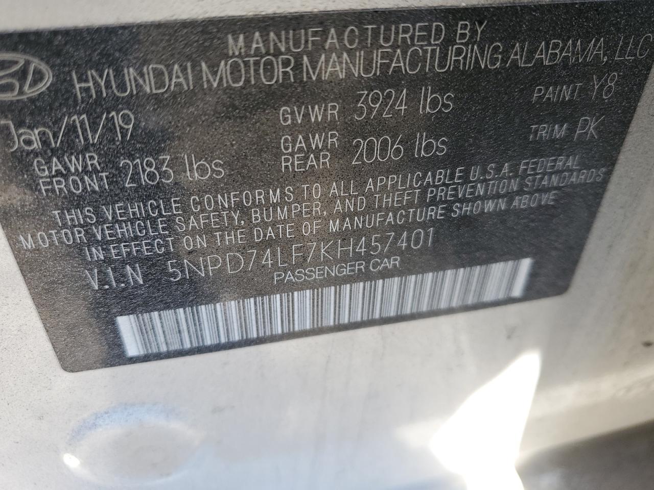 2019 Hyundai Elantra VIN 5NPD74LF7KH457401 Copart auction photo, front end / rear end damage thumbnail 12