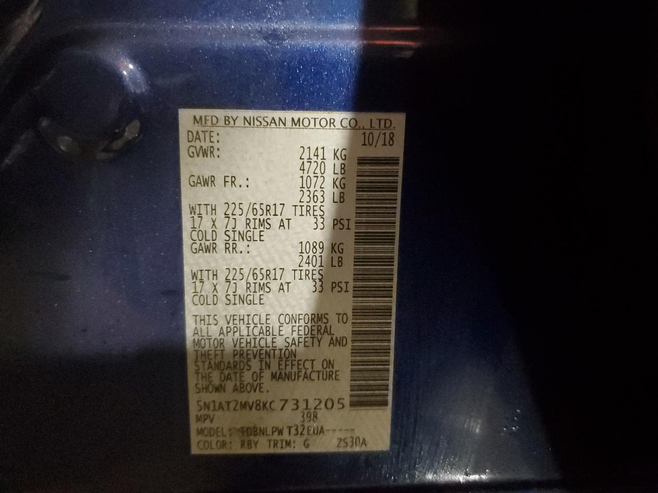 2019 Nissan Rogue VIN 5N1AT2MV8KC731205 Copart auction photo, front end / all over damage thumbnail 13