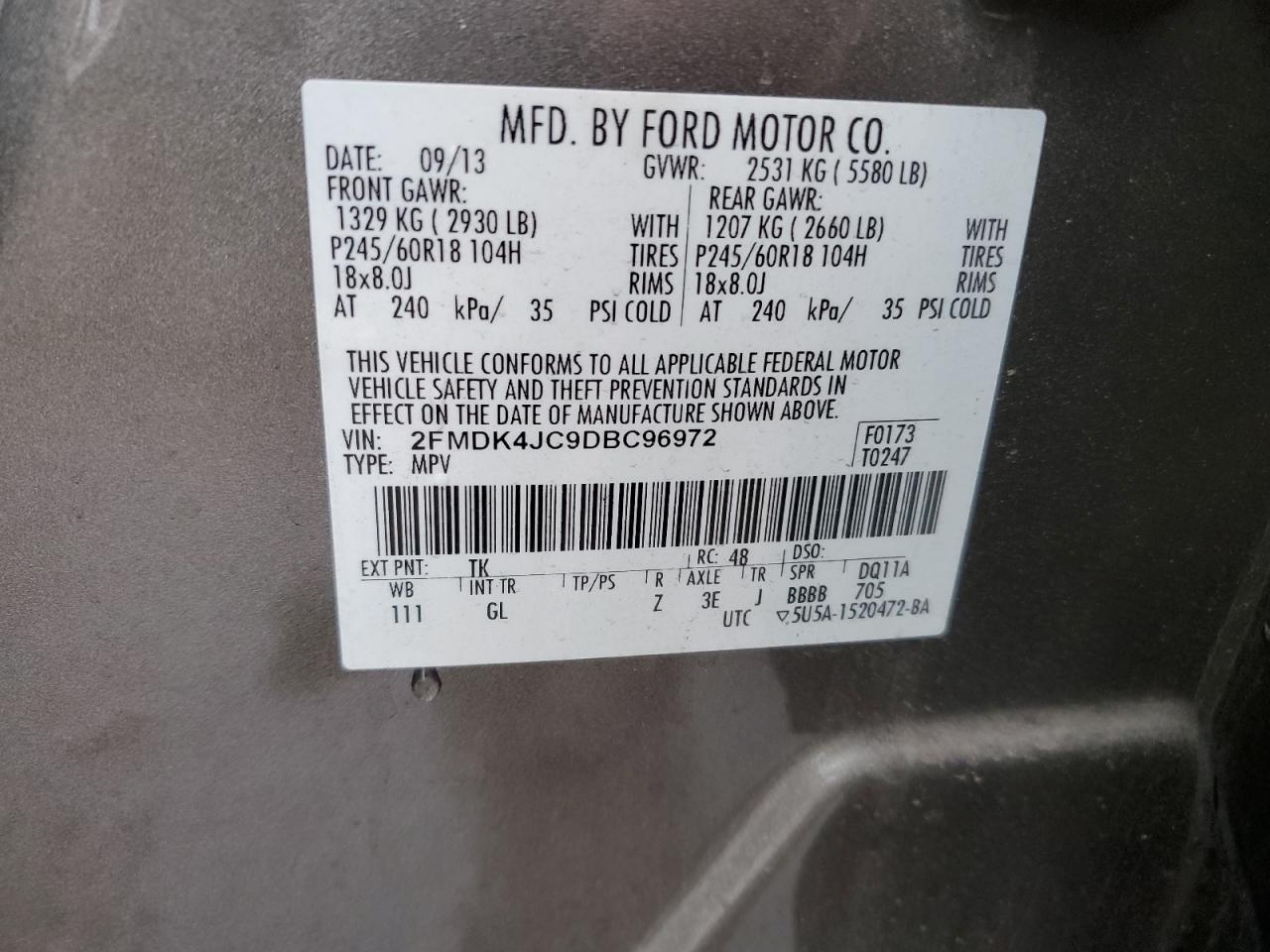 2013 Ford Edge VIN 2FMDK4JC9DBC96972 Copart auction photo, rear end damage thumbnail 13