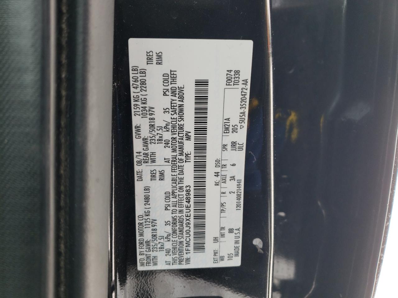2014 Ford Escape VIN 1FMCU0J9XEUE48983 Copart auction photo, front end damage thumbnail 16