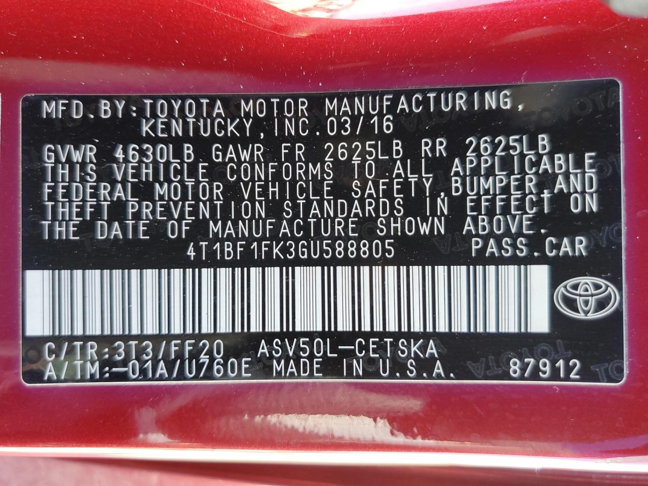2016 Toyota Camry VIN 4T1BF1FK3GU588805 Copart auction photo, rear end / side damage thumbnail 14