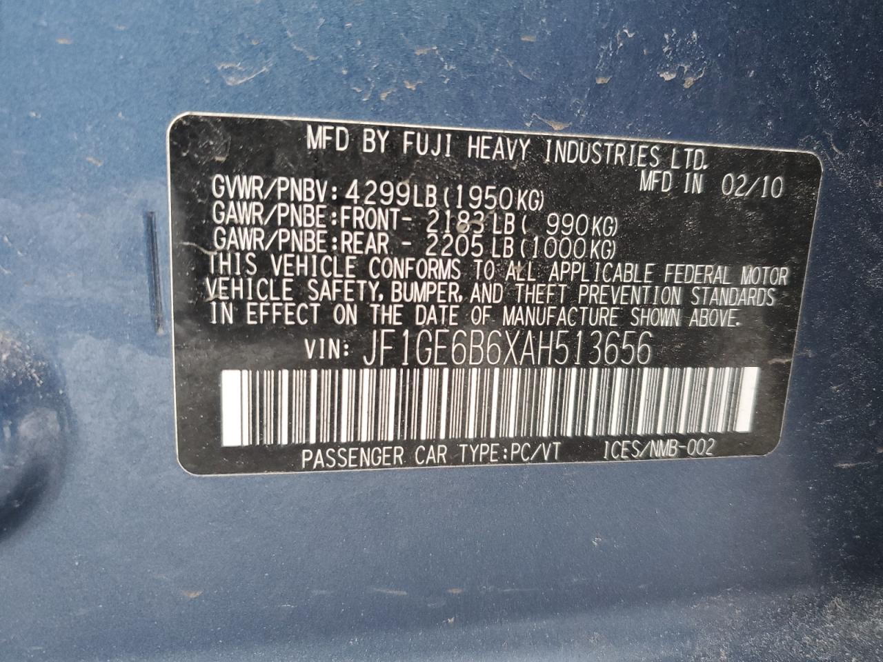 2010 Subaru Impreza VIN JF1GE6B6XAH513656 Copart auction photo, hail / undercarriage damage thumbnail 12
