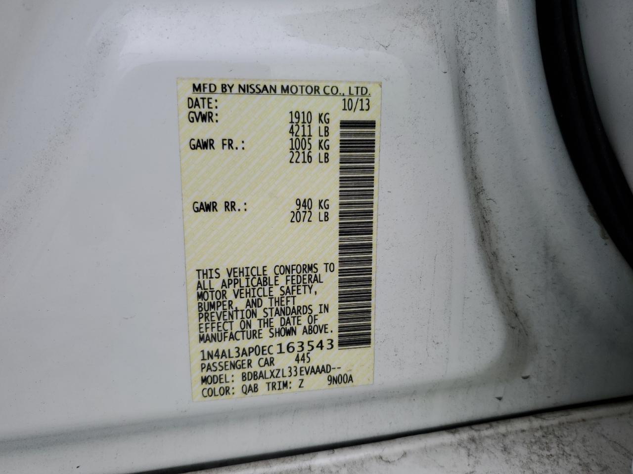 2014 Nissan Altima VIN 1N4AL3AP0EC163543 Copart auction photo, rear end damage thumbnail 12