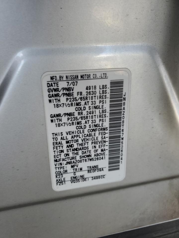 2007 Nissan Murano VIN JN8AZ08T67W526041 Copart auction photo, front end damage thumbnail 16
