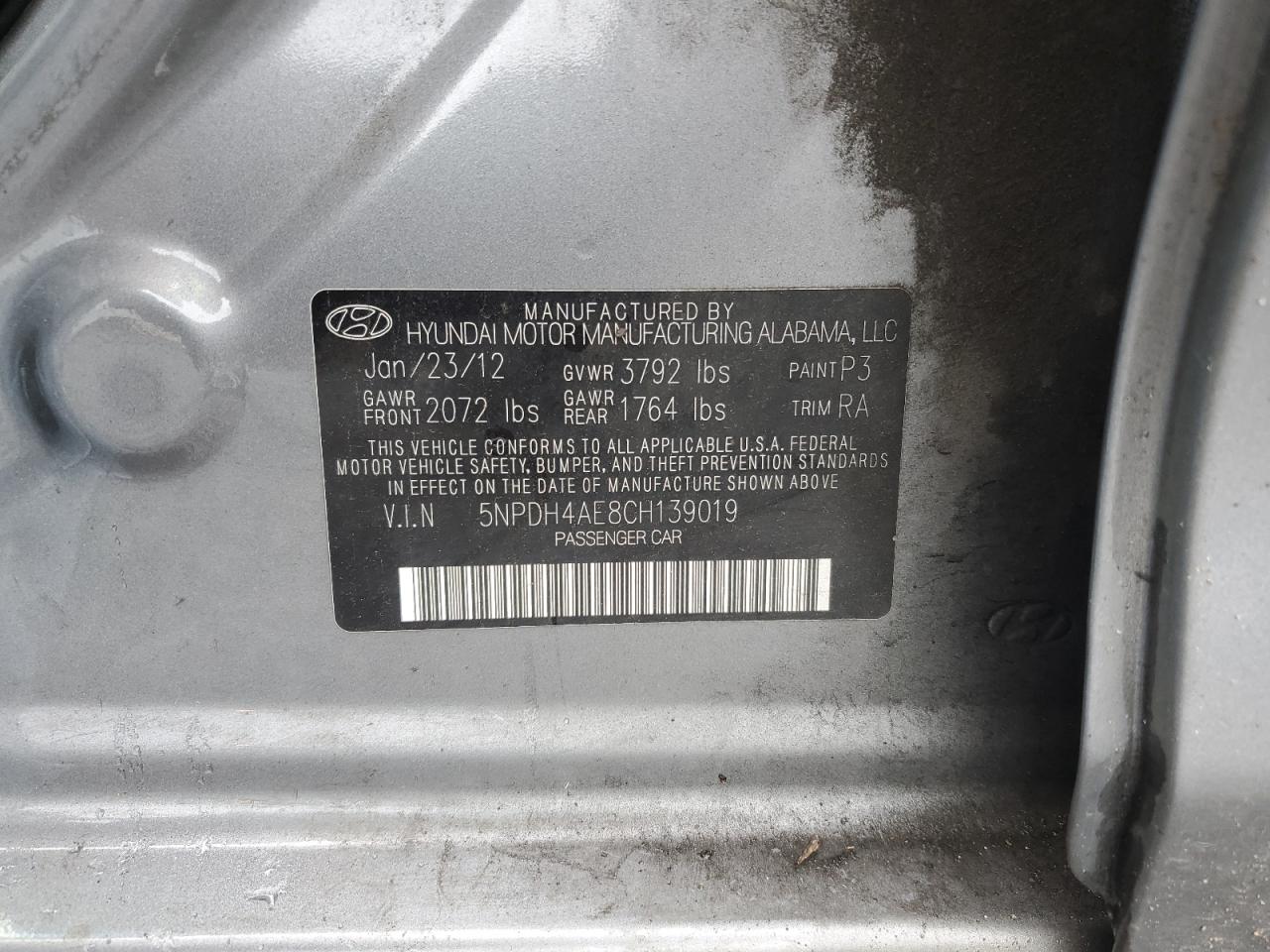 2012 Hyundai Elantra VIN 5NPDH4AE8CH139019 Copart auction photo, front end / undercarriage damage thumbnail 12