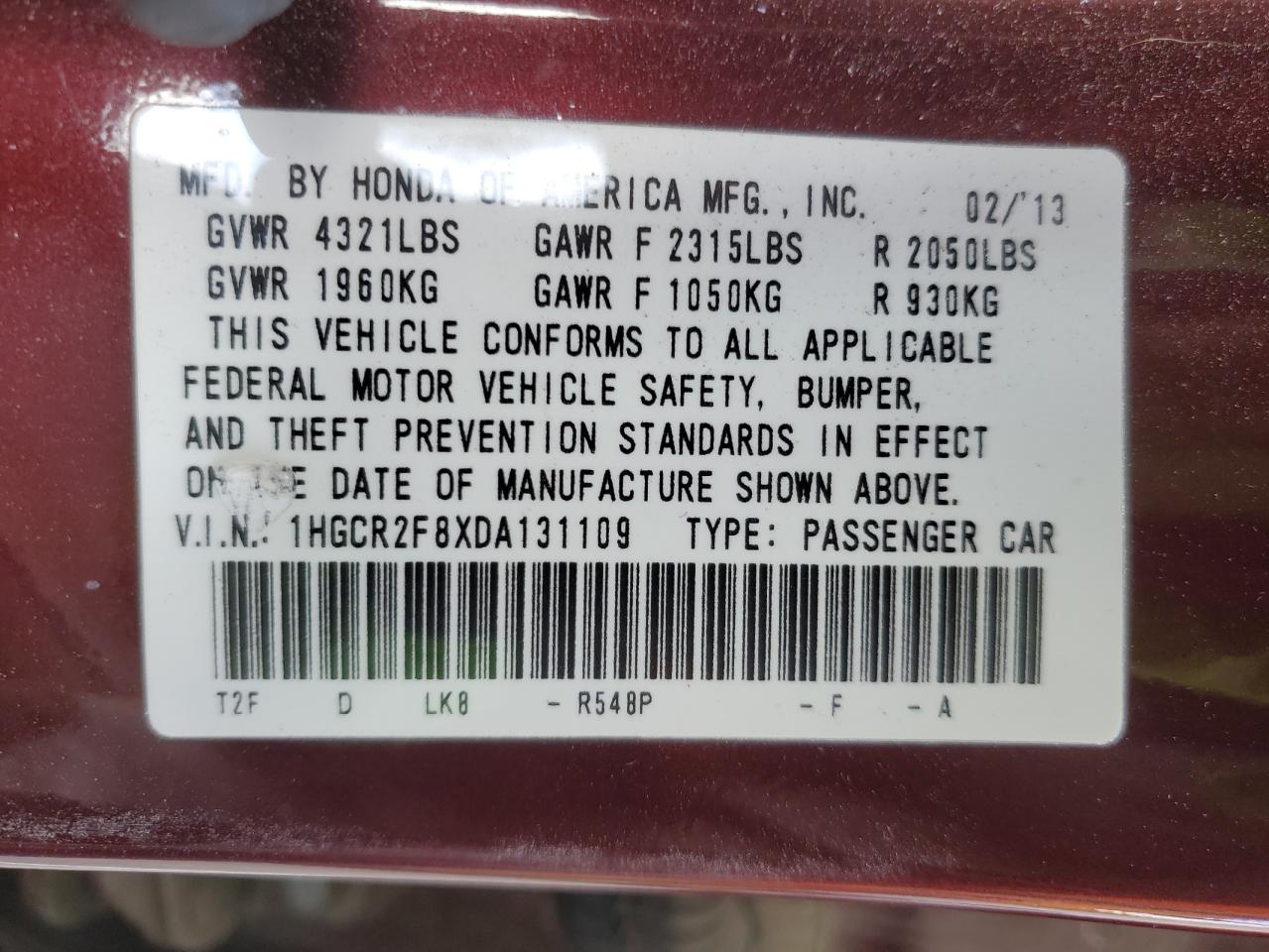2013 Honda Accord VIN 1HGCR2F8XDA131109 Copart auction photo, side / front end damage thumbnail 12