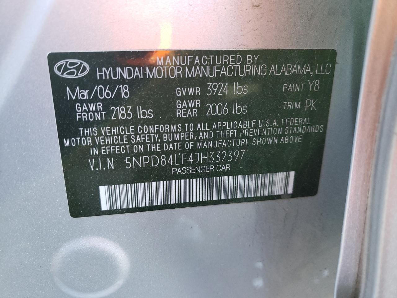 2018 Hyundai Elantra VIN 5NPD84LF4JH332397 Copart auction photo, rear end damage thumbnail 14