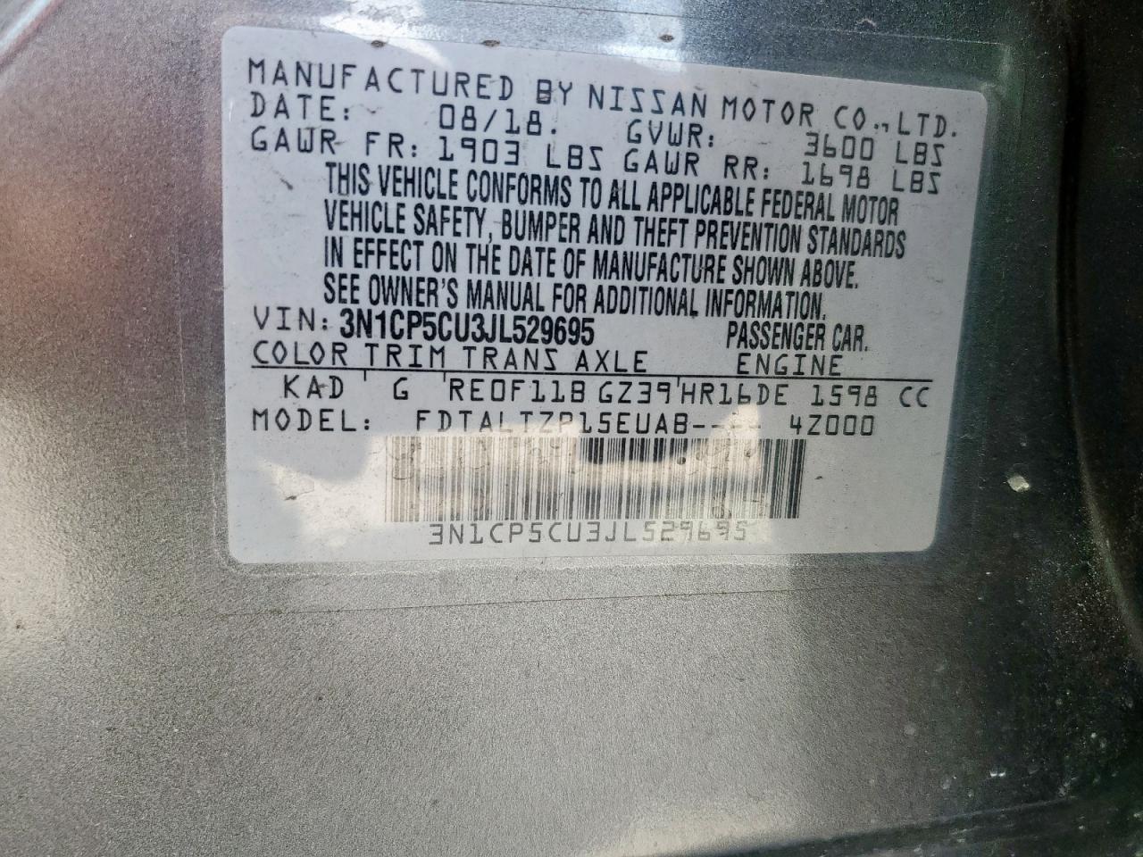 2018 Nissan Kicks VIN 3N1CP5CU3JL529695 Copart auction photo, rear end / front end damage thumbnail 14