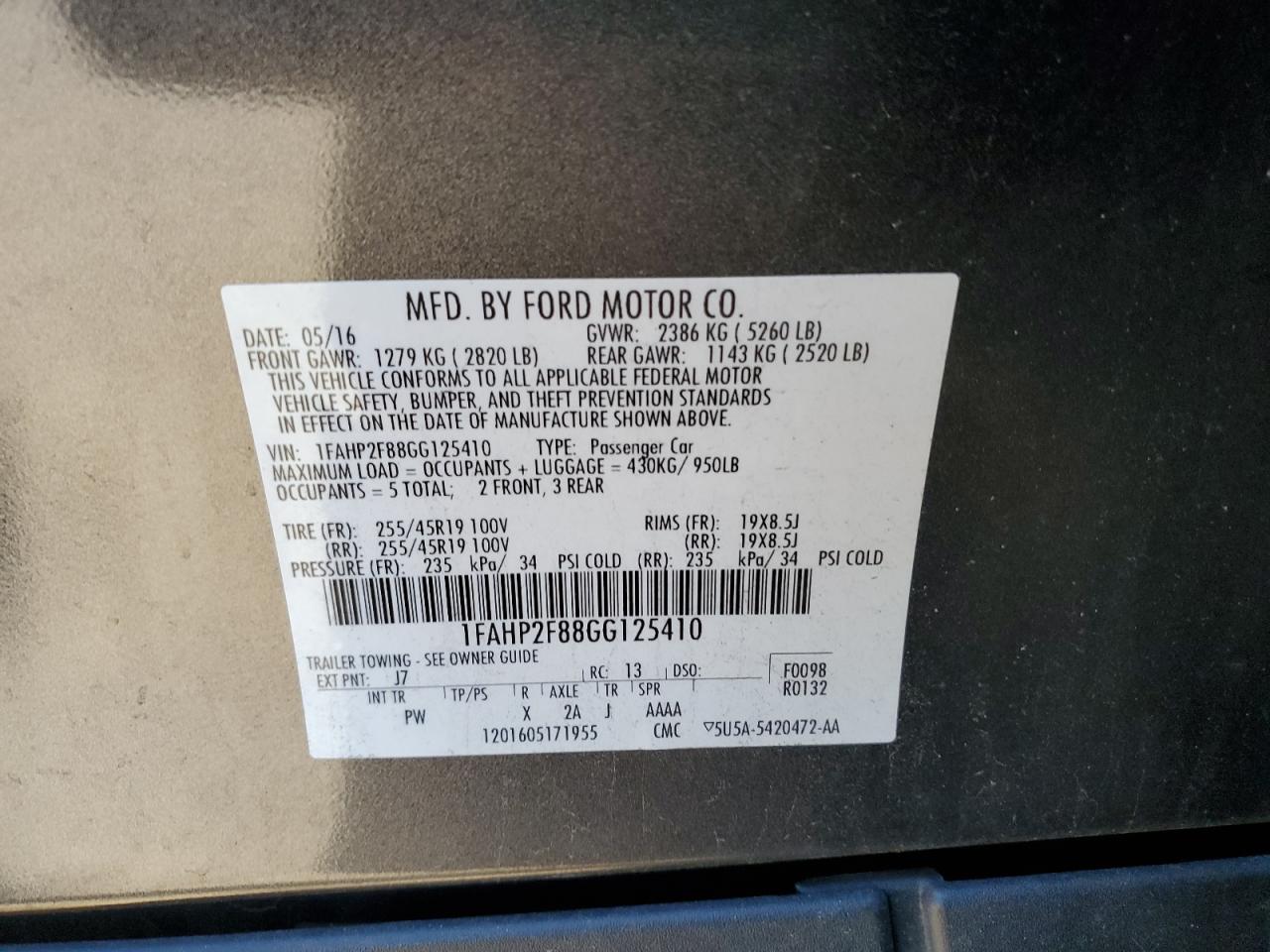 2016 Ford Taurus VIN 1FAHP2F88GG125410 Copart auction photo, front end / minor dent/scratches damage thumbnail 14
