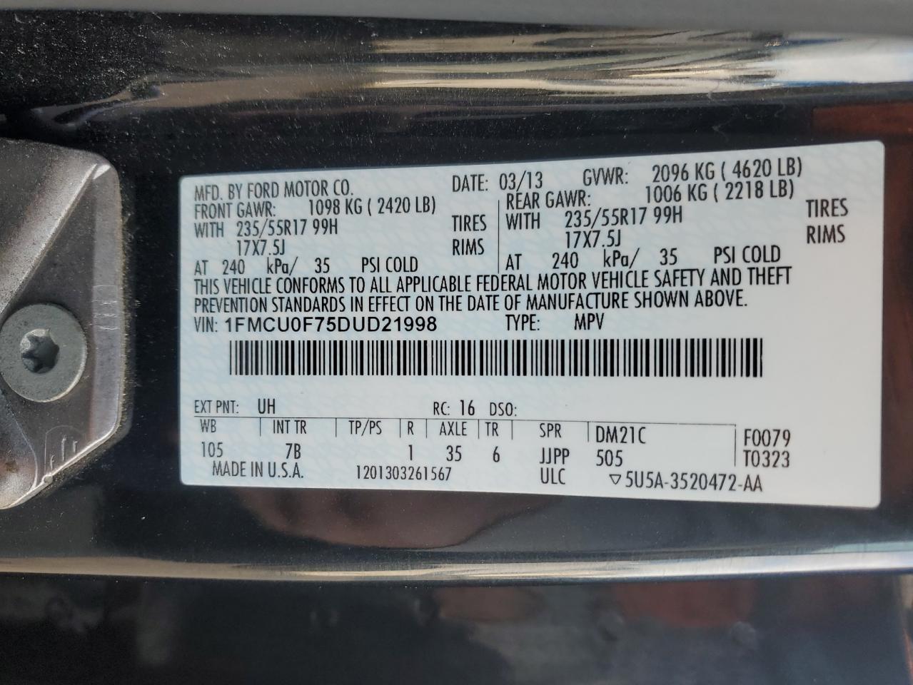 2013 Ford Escape VIN 1FMCU0F75DUD21998 Copart auction photo, front end / mechanical damage thumbnail 14