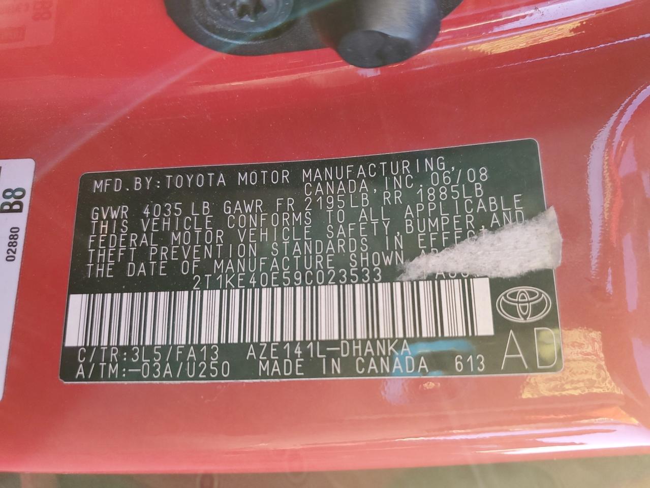 2009 Toyota Corolla VIN 2T1KE40E59C023533 Copart auction photo, side / rear end damage thumbnail 12