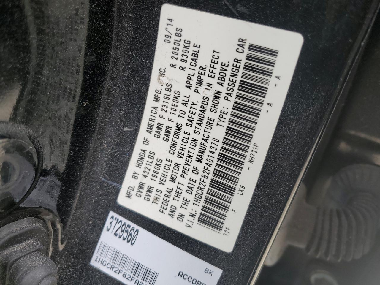 2015 Honda Accord VIN 1HGCR2F82FA014370 Copart auction photo, front end damage thumbnail 13