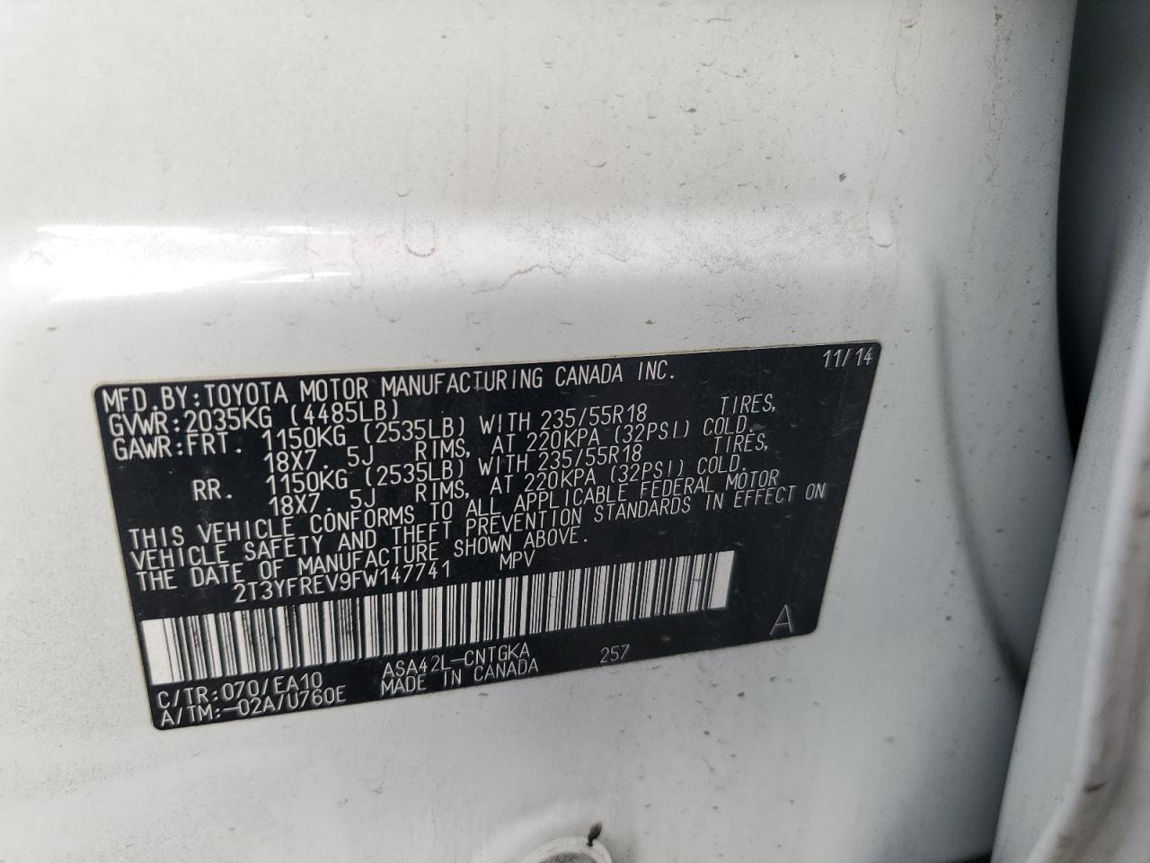 2015 Toyota RAV 4 VIN 2T3YFREV9FW147741 Copart auction photo, mechanical damage thumbnail 13