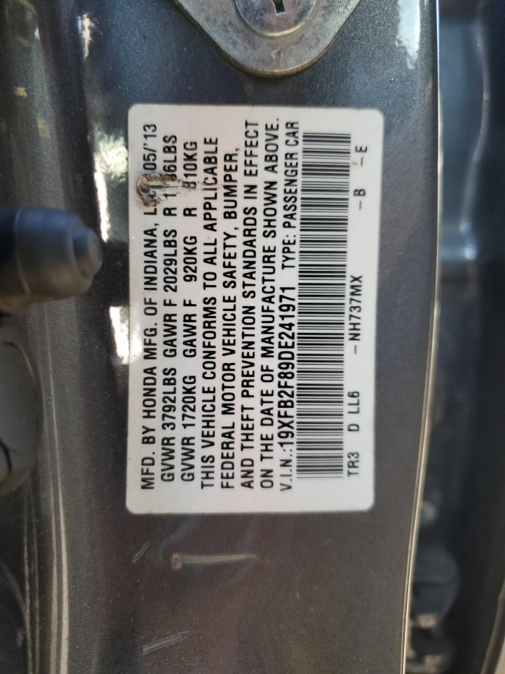 2013 Honda Civic VIN 19XFB2F89DE241971 Copart auction photo, vandalism damage thumbnail 13