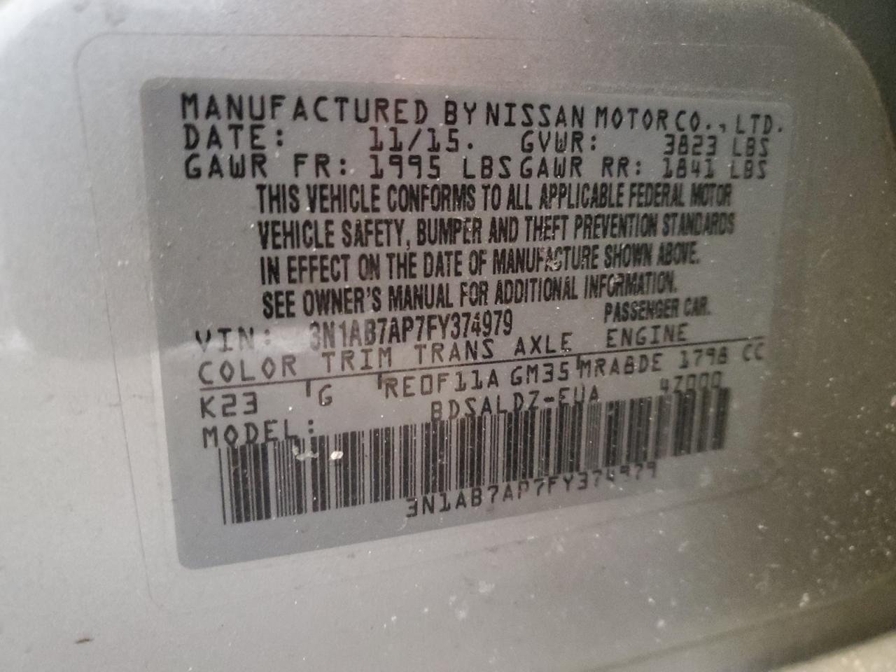 2015 Nissan Sentra VIN 3N1AB7AP7FY374979 Copart auction photo, rear end damage thumbnail 12