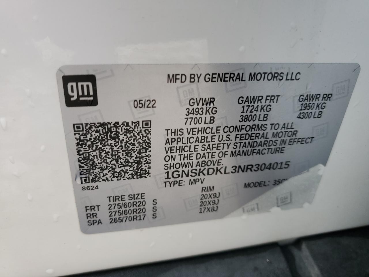 2022 Chevrolet Suburban VIN 1GNSKDKL3NR304015 Copart auction photo, water/flood damage thumbnail 13