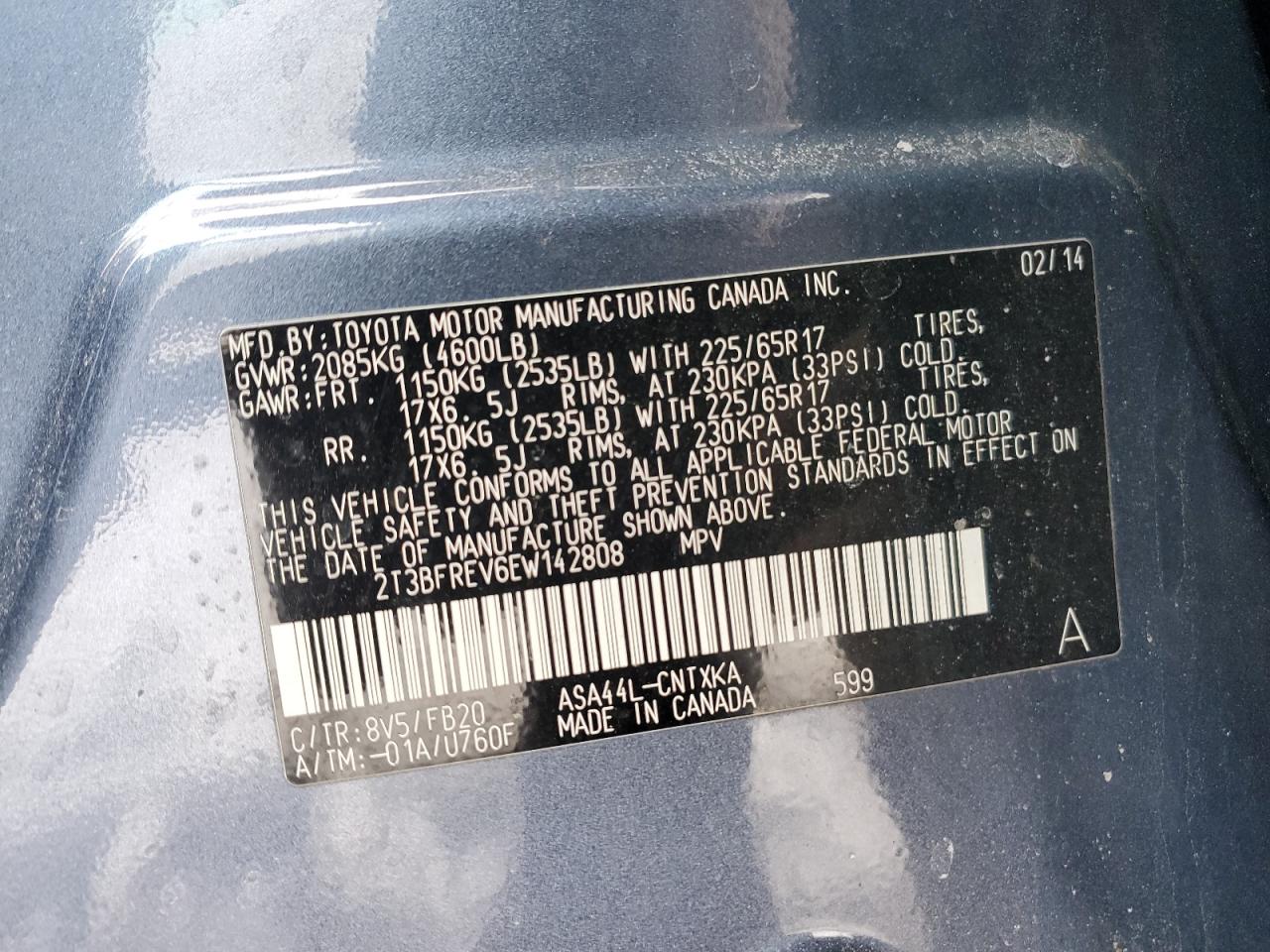 2014 Toyota RAV 4 VIN 2T3BFREV6EW142808 Copart auction photo, side / rear end damage thumbnail 13