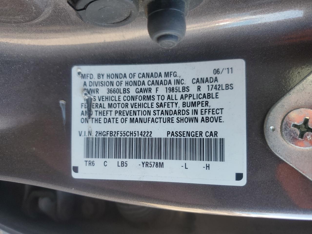 2012 Honda Civic VIN 2HGFB2F55CH514222 Copart auction photo, rear end / front end damage thumbnail 13