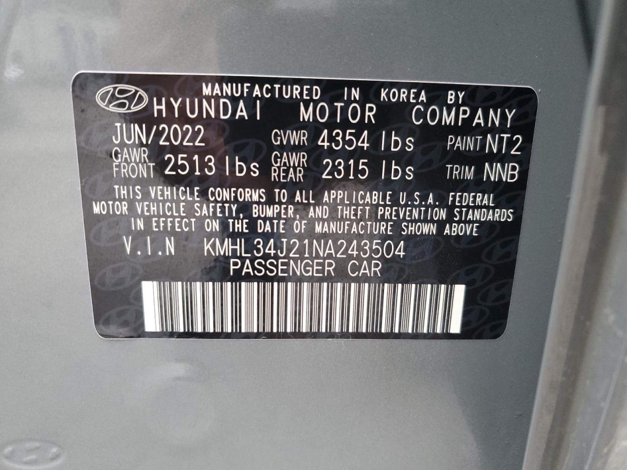 2022 Hyundai Sonata VIN KMHL34J21NA243504 Copart auction photo, rear end / front end damage thumbnail 14