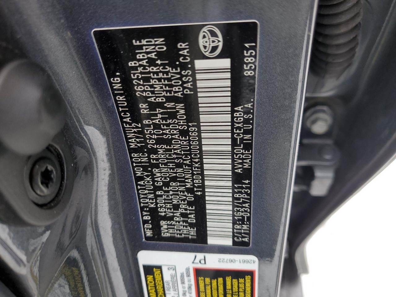 2012 Toyota Camry VIN 4T1BD1FK4CU060691 Copart auction photo, rear end damage thumbnail 13