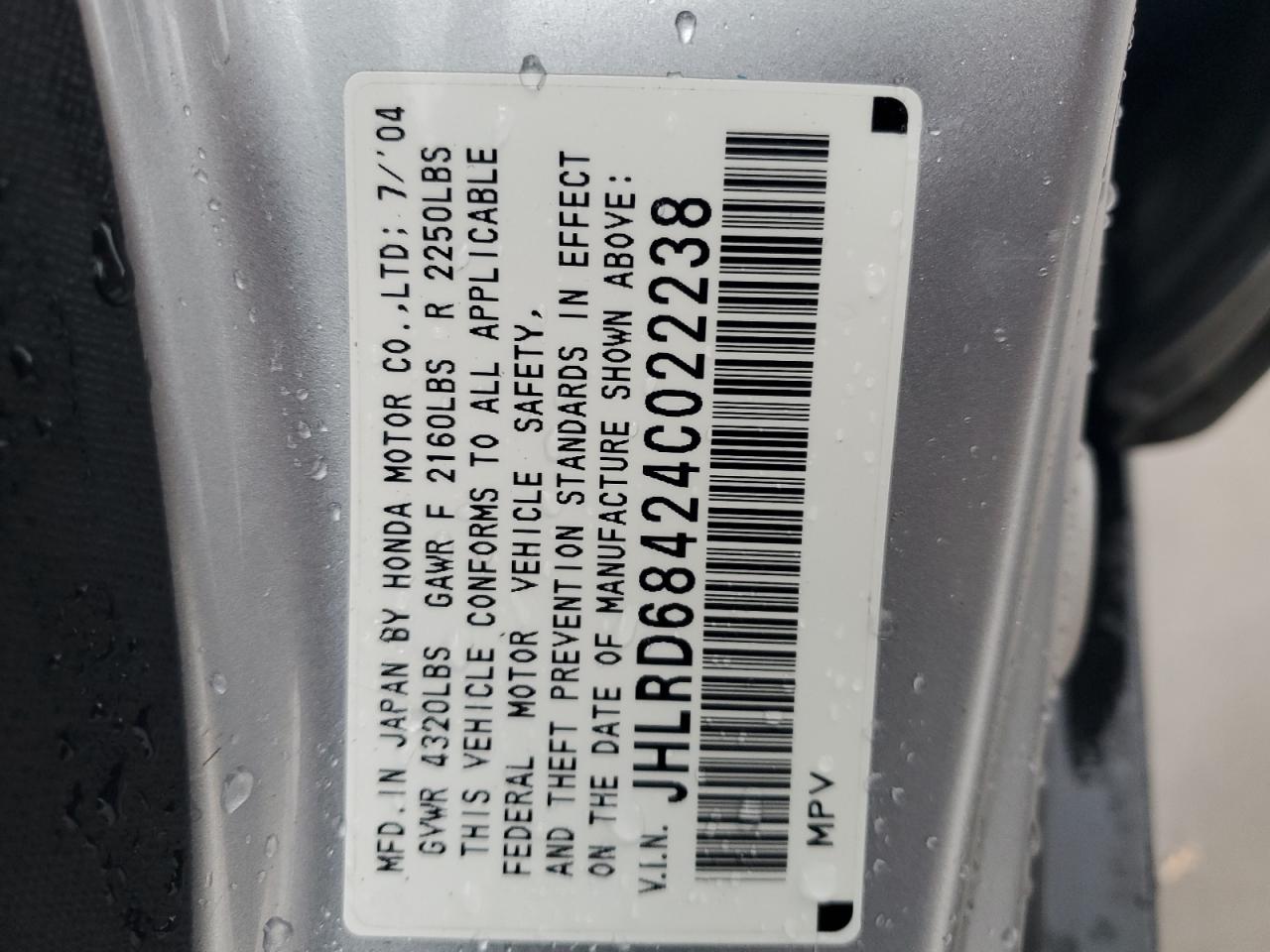 2004 Honda CR-V VIN JHLRD68424C022238 Copart auction photo, side damage thumbnail 13