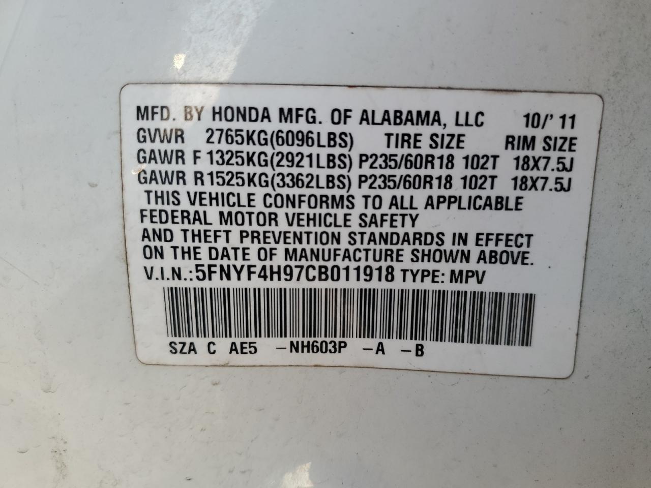 2012 Honda Pilot VIN 5FNYF4H97CB011918 Copart auction photo, side / front end damage thumbnail 13