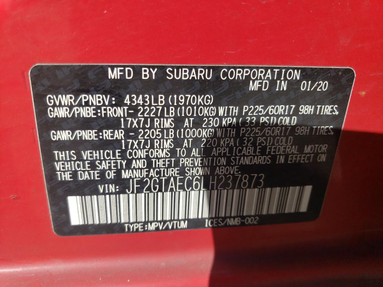 2020 Subaru XV VIN JF2GTAEC6LH237873 Copart auction photo, front end / all over damage thumbnail 13