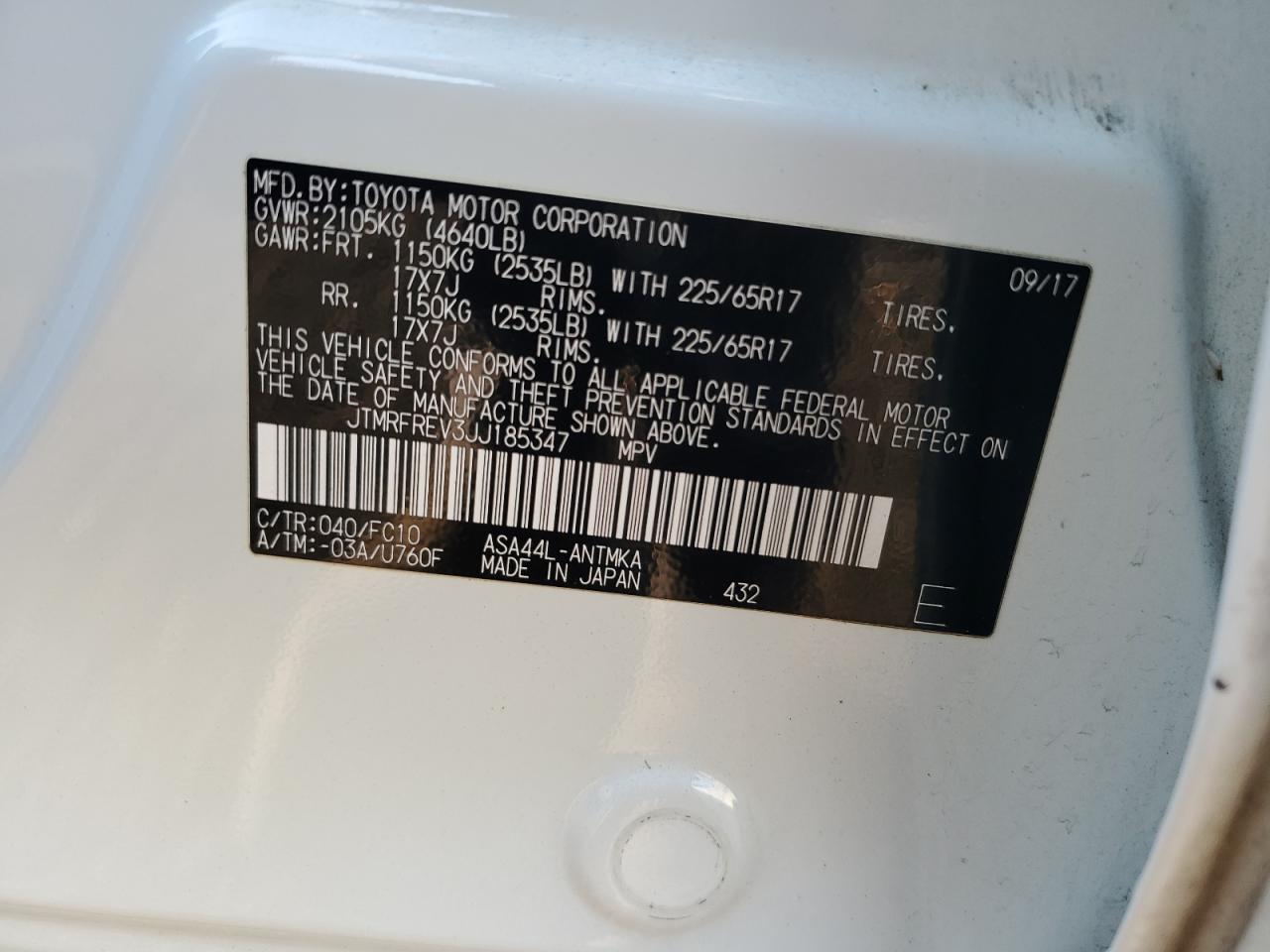2018 Toyota RAV 4 VIN JTMRFREV3JJ185347 Copart auction photo, side / front end damage thumbnail 15