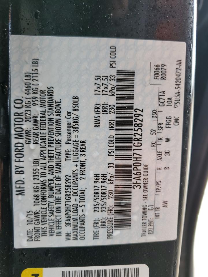 2016 Ford Fusion VIN 3FA6P0H71GR258292 Copart auction photo, front end / minor dent/scratches damage thumbnail 12