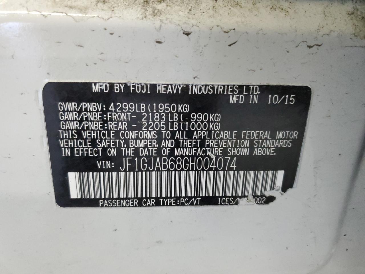 2016 Subaru Impreza VIN JF1GJAB68GH004074 Copart auction photo, front end damage thumbnail 15