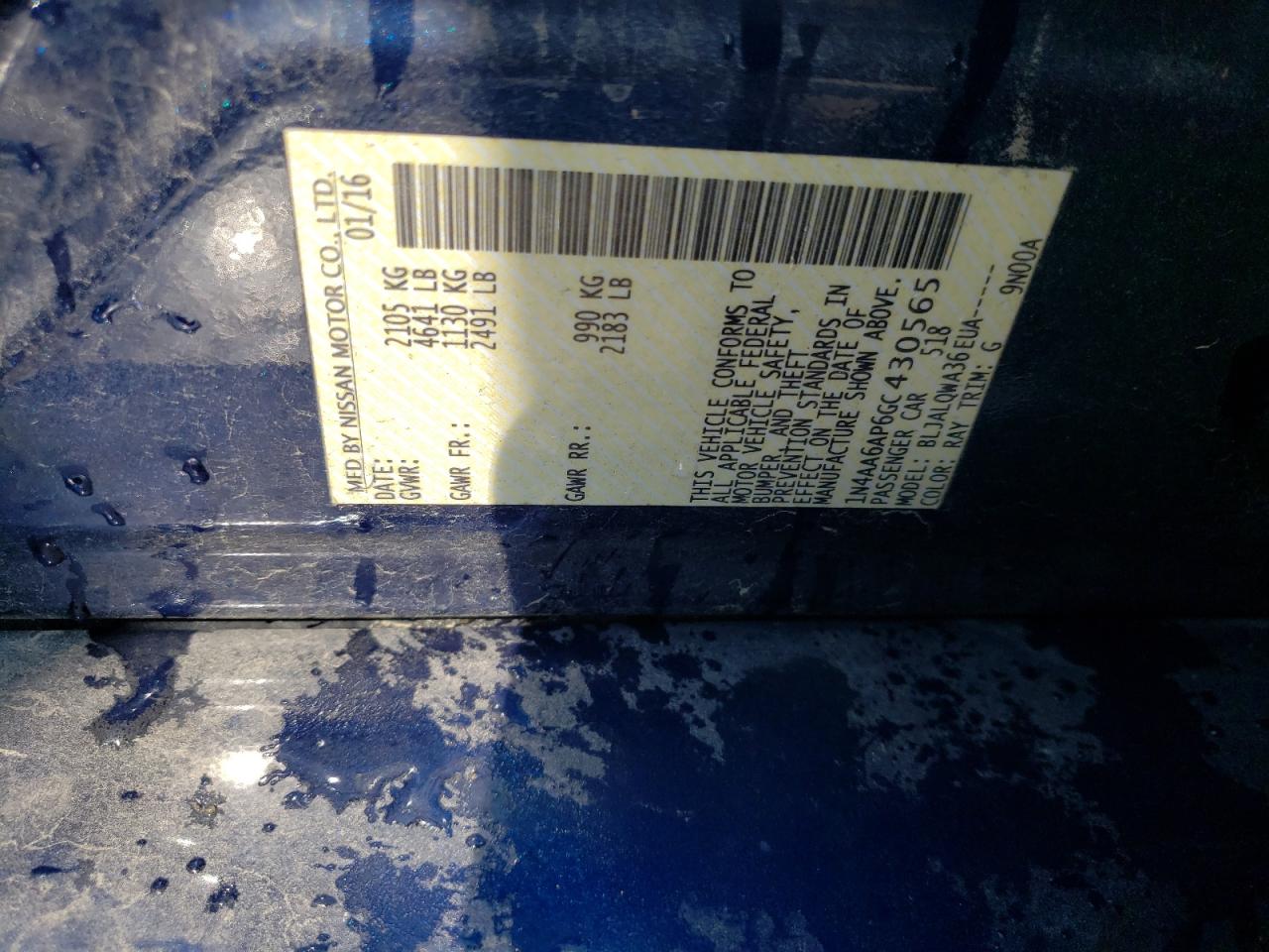 2016 Nissan Maxima VIN 1N4AA6AP6GC430565 Copart auction photo, front end damage thumbnail 12