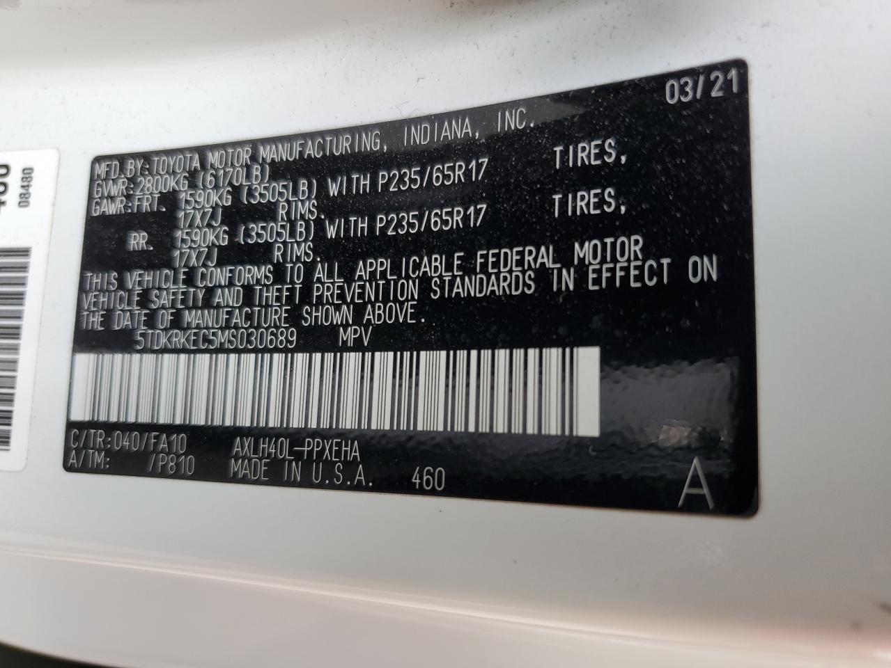 2021 Toyota Sienna VIN 5TDKRKEC5MS030689 Copart auction photo, front end / minor dent/scratches damage thumbnail 14