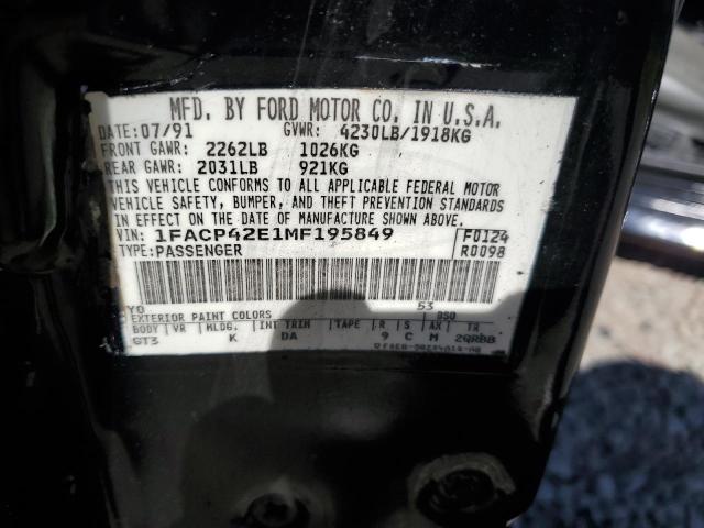1991 Ford Mustang VIN 1FACP42E1MF195849 Copart auction photo, burn - engine / front end damage thumbnail 12