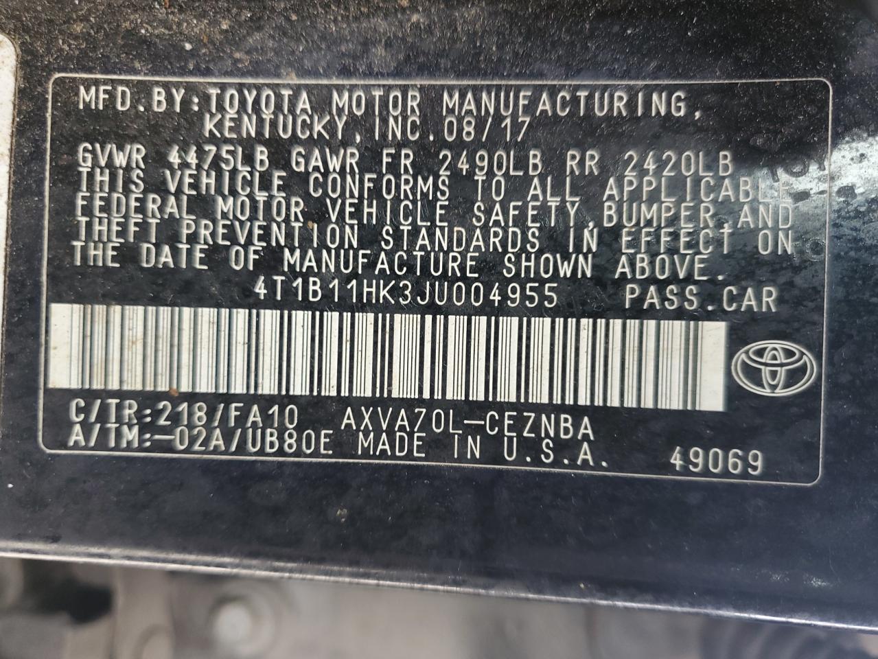 2018 Toyota Camry VIN 4T1B11HK3JU004955 Copart auction photo, front end damage thumbnail 12