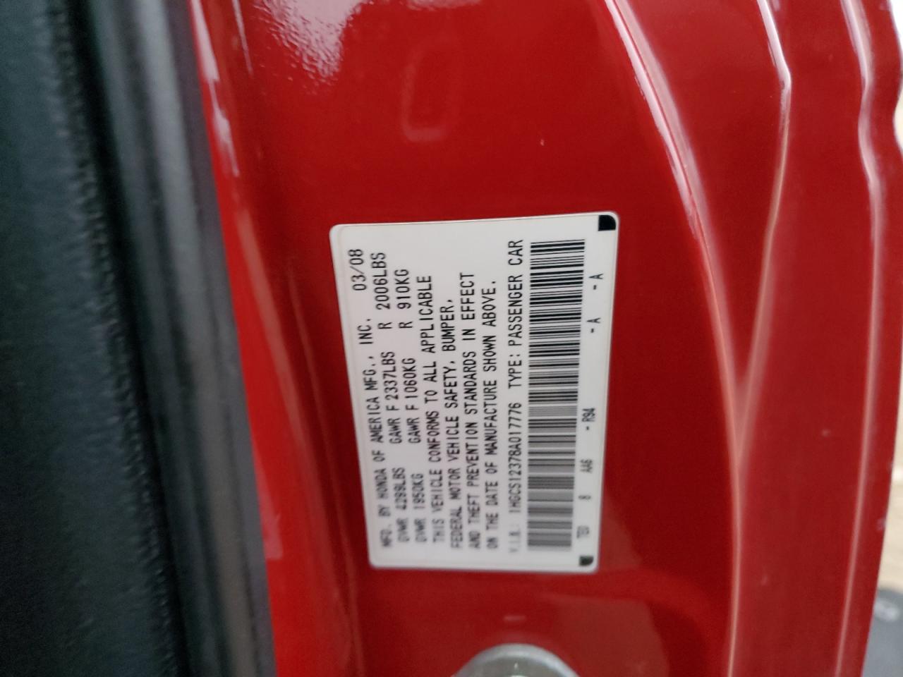 2008 Honda Accord VIN 1HGCS12378A017776 Copart auction photo, rear end / minor dent/scratches damage thumbnail 14