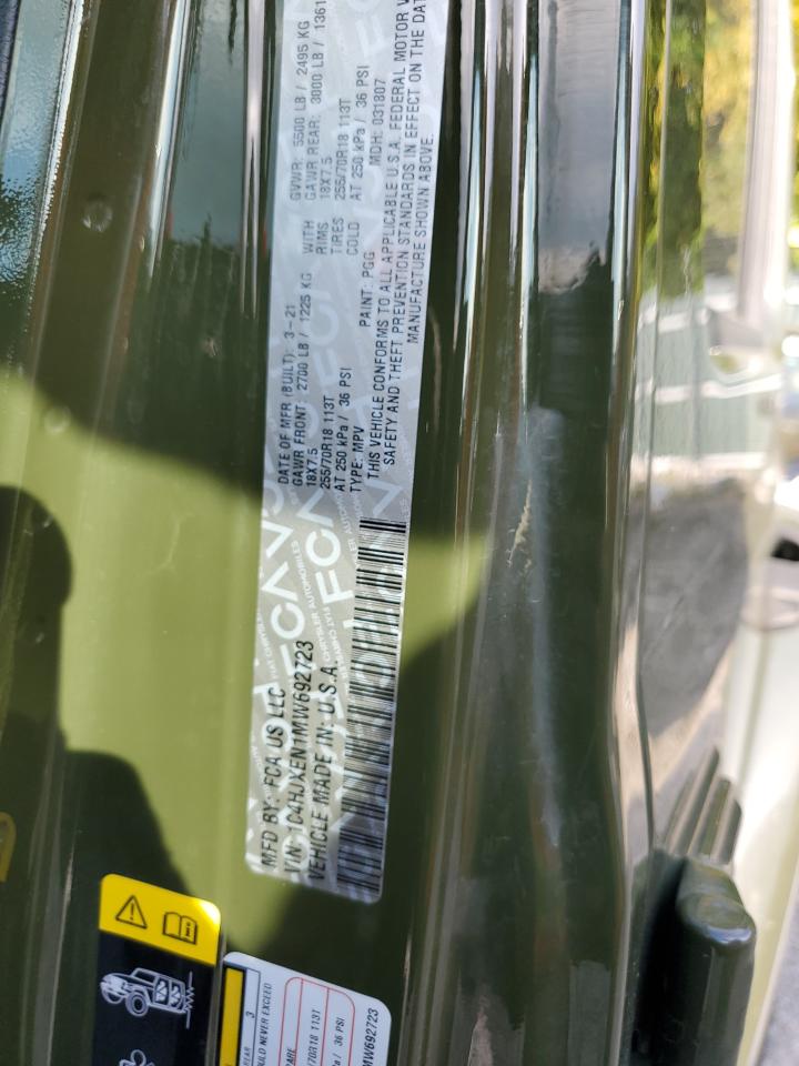 2021 Jeep Wrangler VIN 1C4HJXEN1MW692723 Copart auction photo, rear end / side damage thumbnail 12