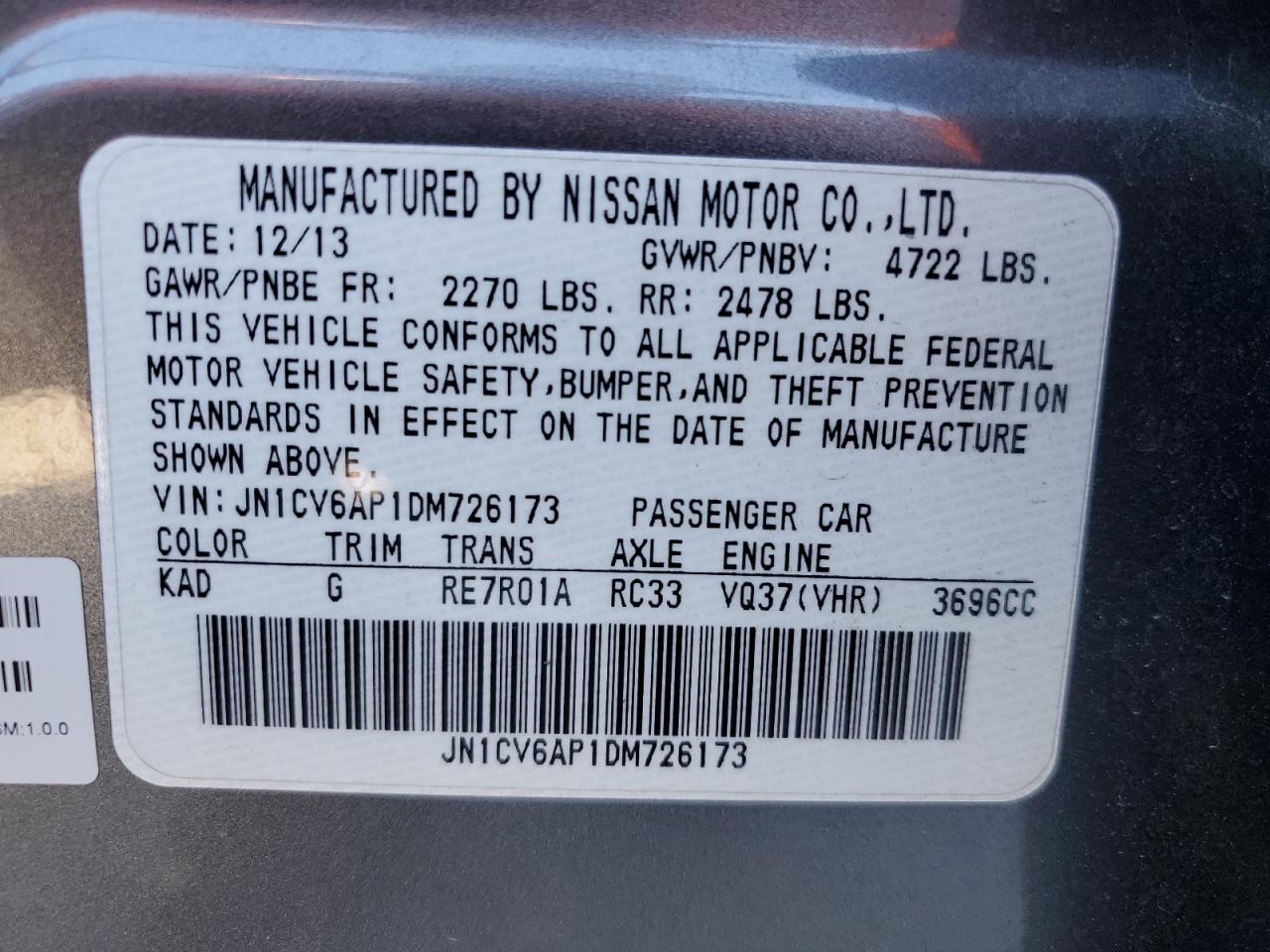 2013 Infiniti G VIN JN1CV6AP1DM726173 Copart auction photo, rollover damage thumbnail 14
