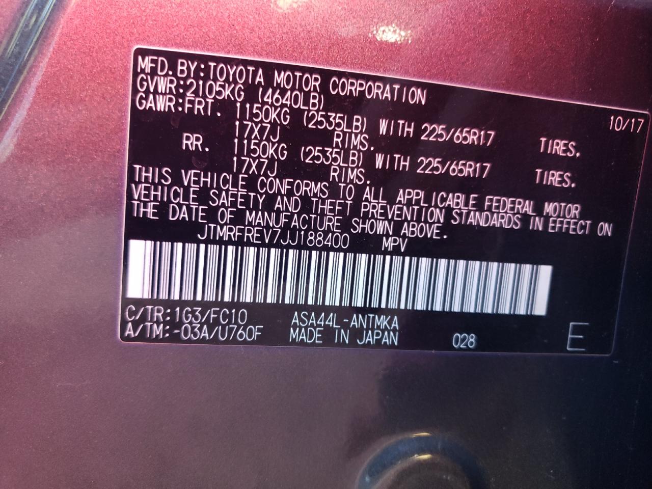 2018 Toyota RAV 4 VIN JTMRFREV7JJ188400 Copart auction photo, rear end / side damage thumbnail 13