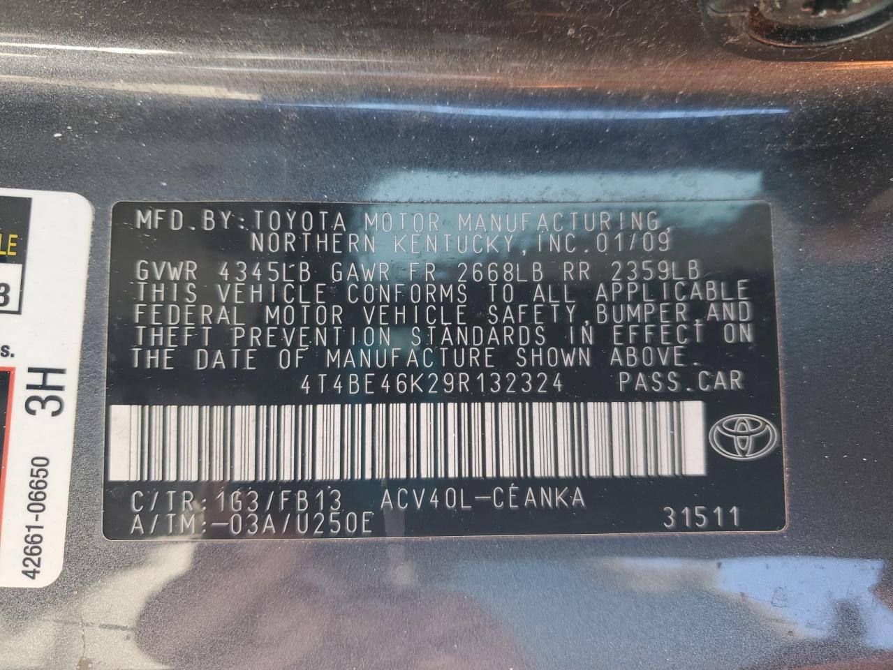 2009 Toyota Camry VIN 4T4BE46K29R132324 Copart auction photo, front end / rear end damage thumbnail 13