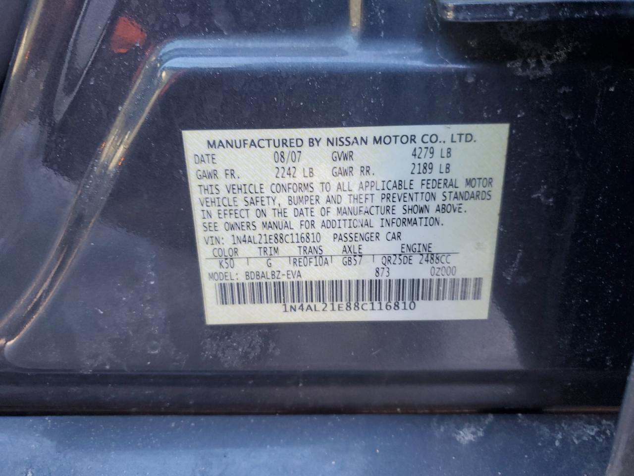 2008 Nissan Altima VIN 1N4AL21E88C116810 Copart auction photo, side damage thumbnail 12