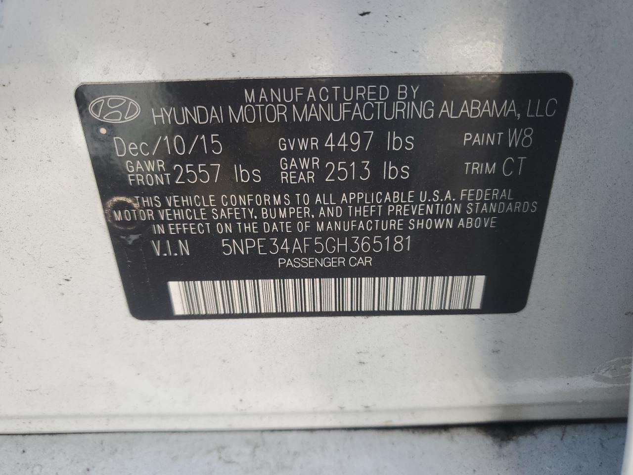 2016 Hyundai Sonata VIN 5NPE34AF5GH365181 Copart auction photo, rear end / front end damage thumbnail 12