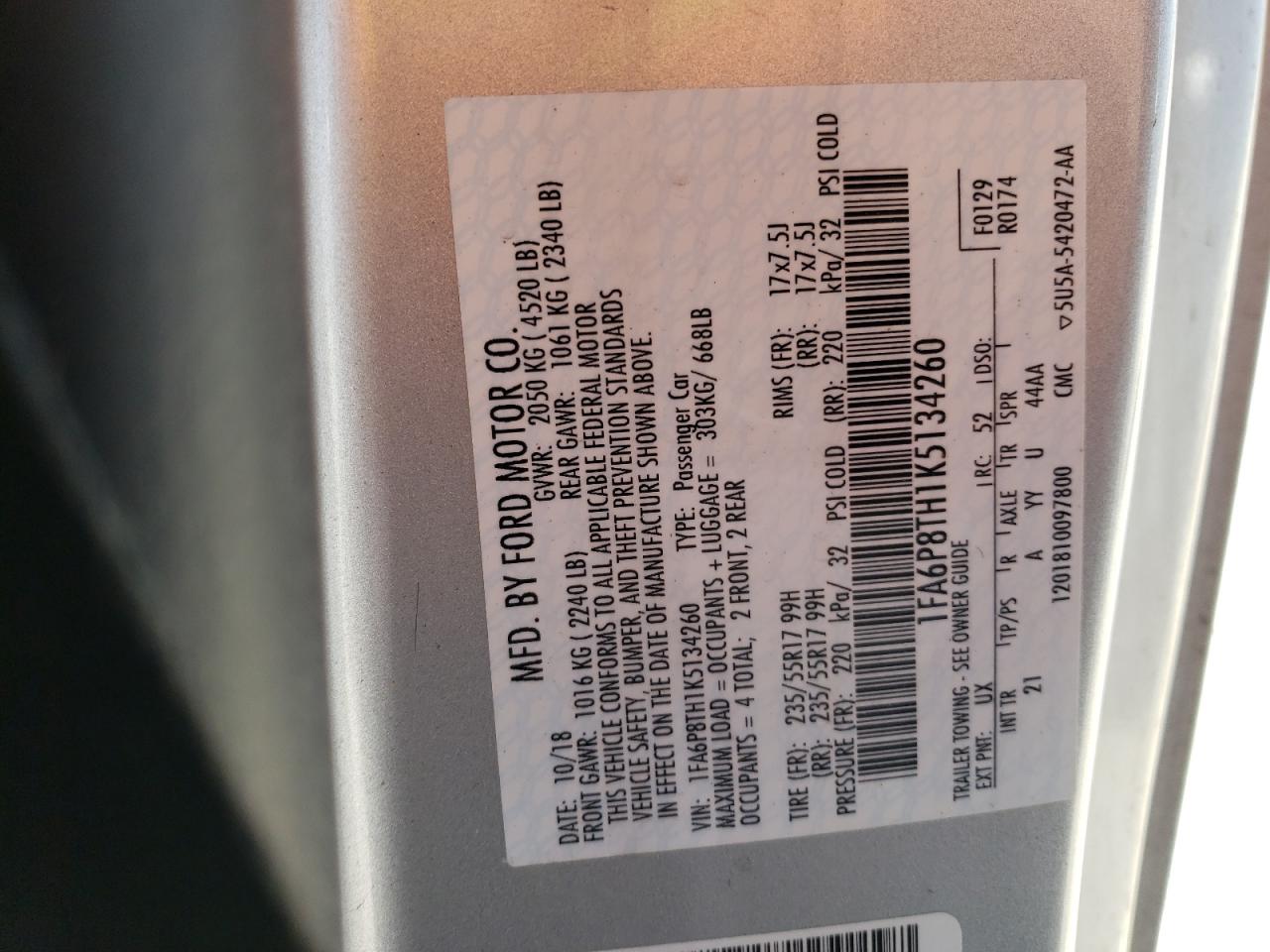 2019 Ford Mustang VIN 1FA6P8TH1K5134260 Copart auction photo, front end damage thumbnail 14