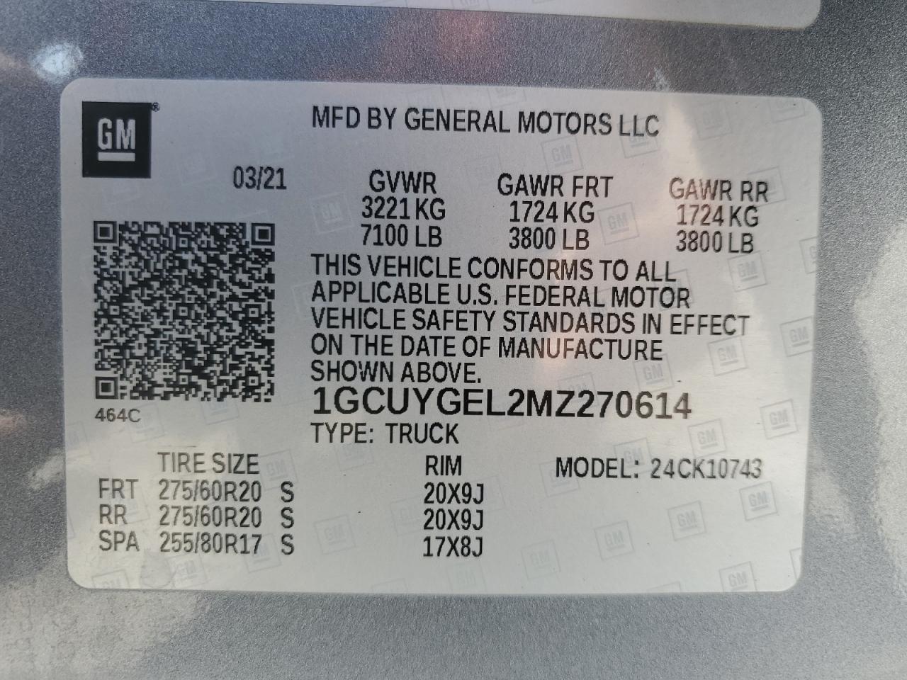 2021 Chevrolet Silverado VIN 1GCUYGEL2MZ270614 Copart auction photo, front end / mechanical damage thumbnail 13
