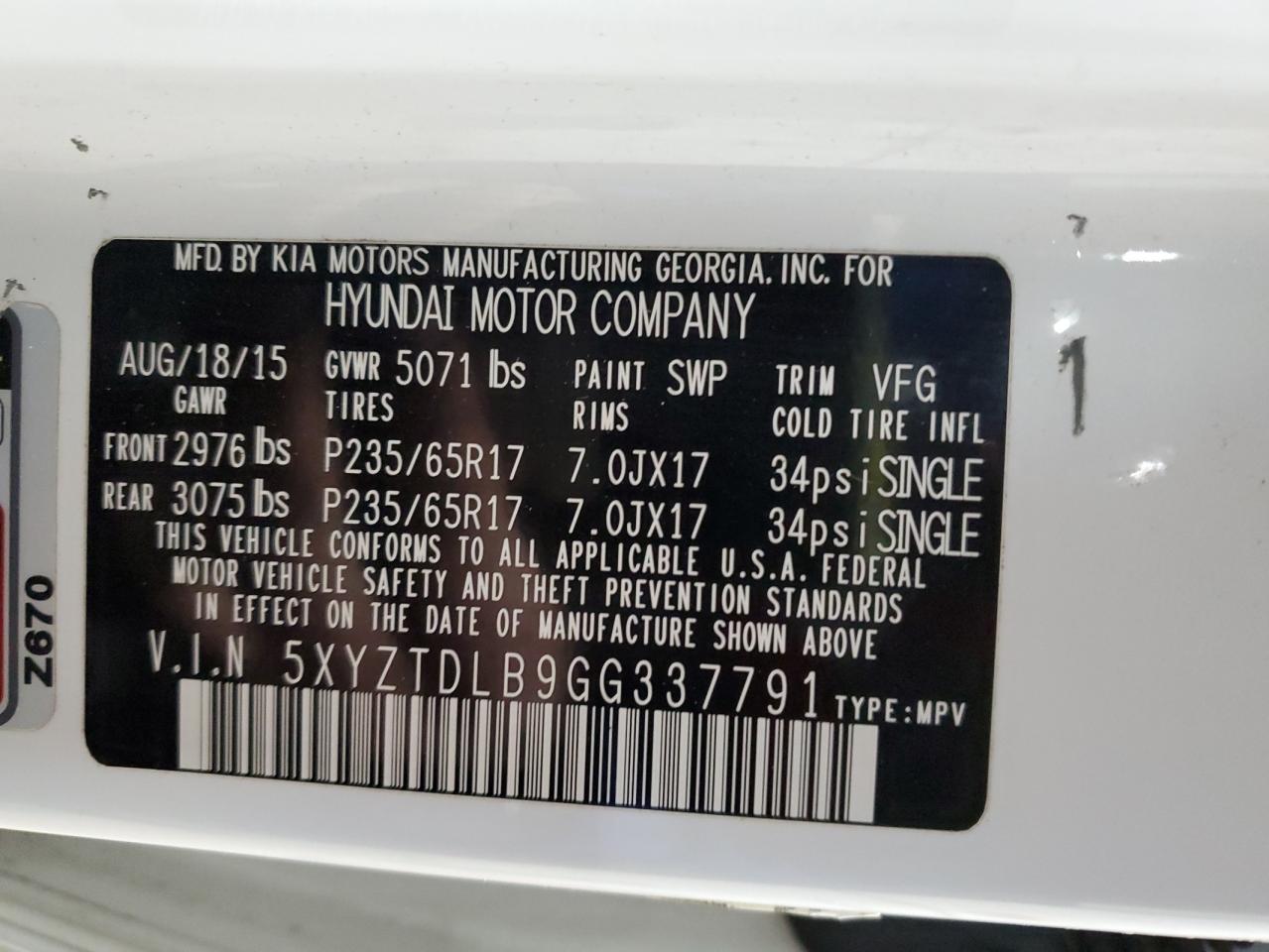 2016 Hyundai Santa Fe VIN 5XYZTDLB9GG337791 Copart auction photo, front end damage thumbnail 13