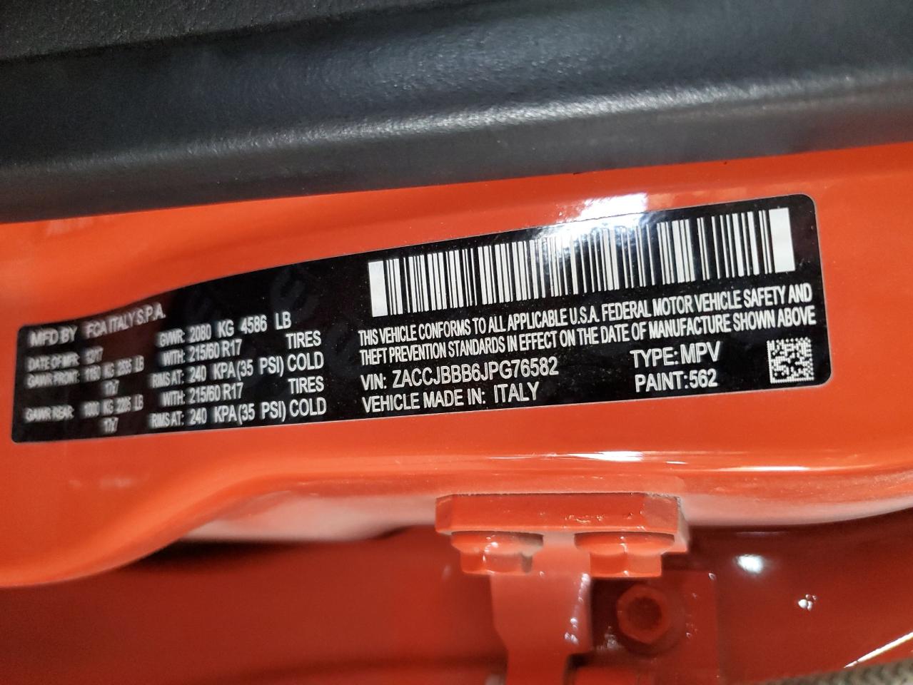 2018 Jeep Renegade VIN ZACCJBBB6JPG76582 Copart auction photo, front end / side damage thumbnail 12